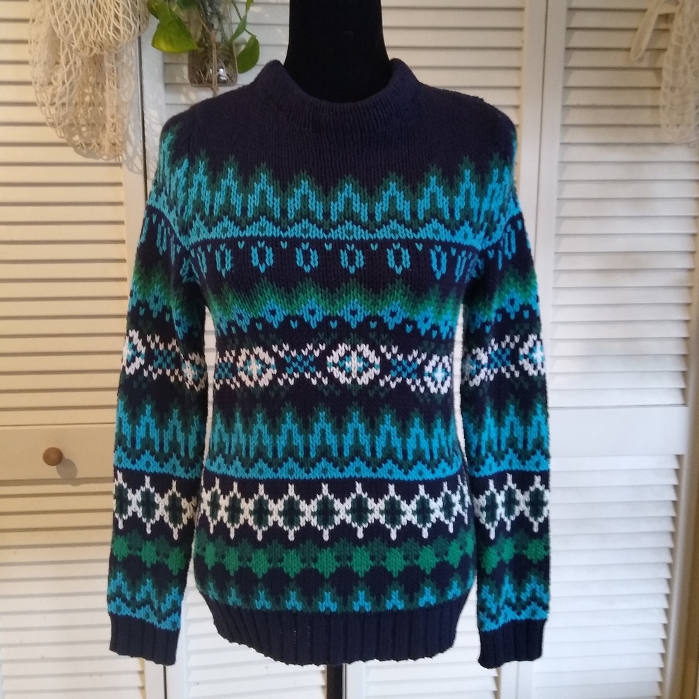 Talbots Petite Knit Sweater Navy Blue Green Patterned Cotton Blend Pullover.